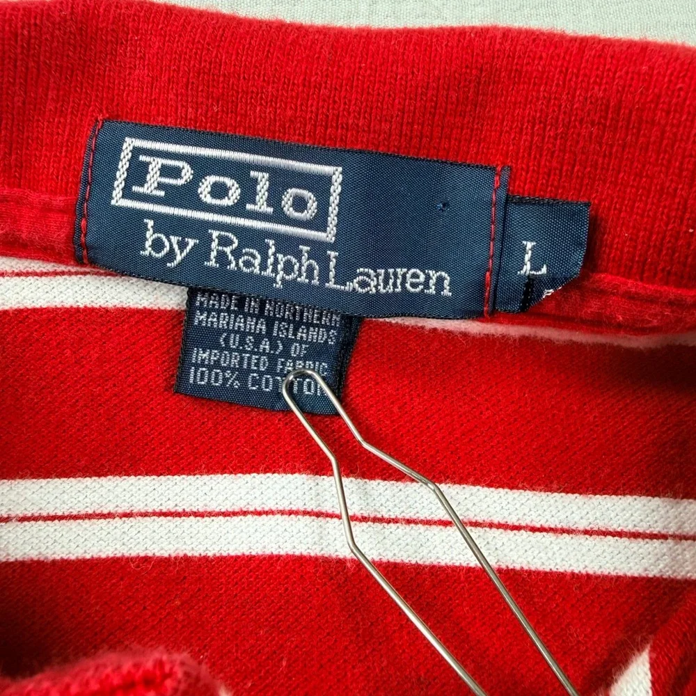 Vintage Y2K Ralph Lauren Boys Large Red White Striped Short Sleeve Polo Shirt‎